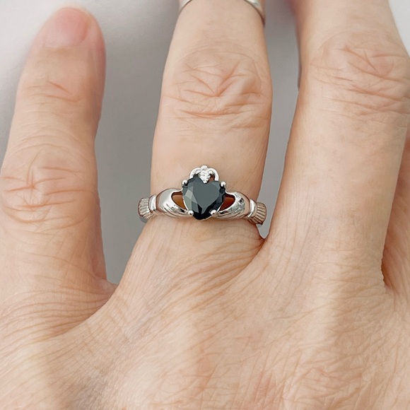 Sterling Silver Claddagh Black CZ Ring, Silver Rings, Irish Ring, Heart Ring - Picture 3 of 16